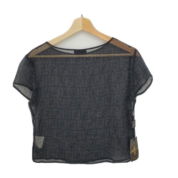 New Fendi Womens Zucca Monogram FF Sheer Top Blouse Black Size IT 42 US 8 - Picture 2 of 6